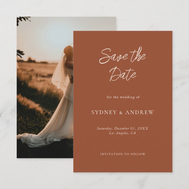 Minimalist Boho Terracotta Fall Wedding Photo Spara Datumet (Fram/baksida)
