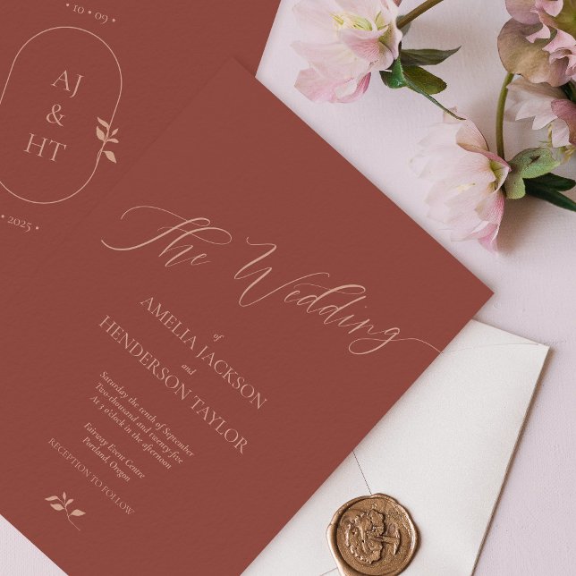 Minimalist Boho Terracotta Script Bröllop Inbjudningar (Terracotta minimalist bohemian wedding invitation)