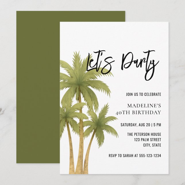 Minimalist Boho Tropical Summer Adult Birthday Inbjudningar (Fram/baksida)