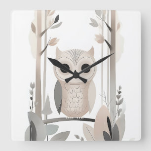 Minimalist Boho Uggla i Forest Nursery Kids Room Fyrkantig Klocka