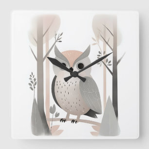 Minimalist Boho Uggla i Skogen Nursery Kids Room Fyrkantig Klocka