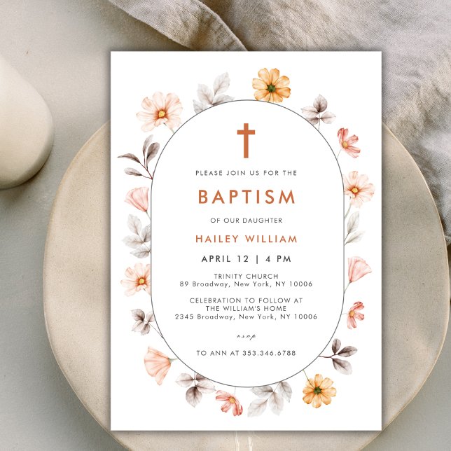 Minimalist Boho Wildblomma Ram Kor-baptism Inbjudningar (Minimalist Boho Wildflower Frame Cross Baptism Invitation)