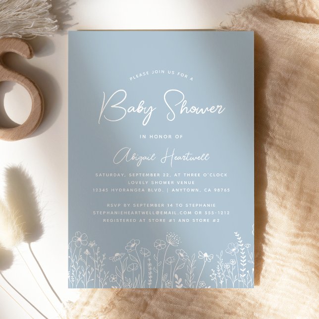 Minimalist Boho Wildblommor Dusty Blue Baby Shower Inbjudningar (Skapare uppladdad)
