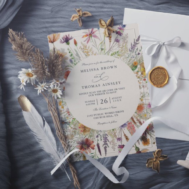 Minimalist Boho Wildflower Floral QR Code Wedding Inbjudningar (Skapare uppladdad)