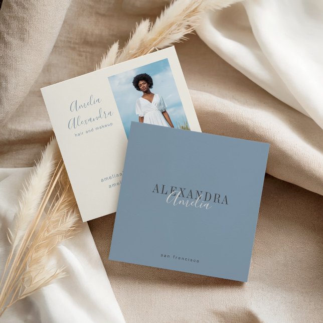 Minimalist Bold Script Boho Dusty Blue Photo  Fyrkantigt Visitkort (Skapare uppladdad)