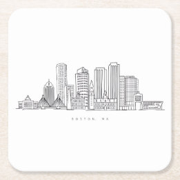 Minimalist Boston City Skyline Illustration Underlägg Papper Kvadrat