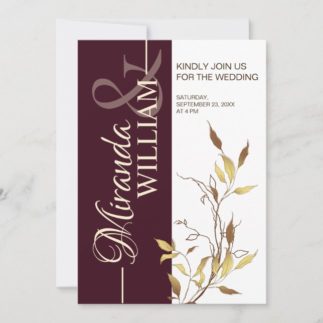 Minimalist Botanical Burgundy Wedding Invitation Inbjudningar (Framsida)