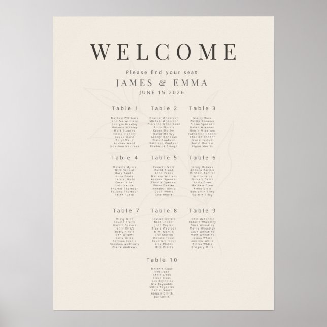 Minimalist Botanical seating Plan10 Soft Beige Poster (Framsidan)