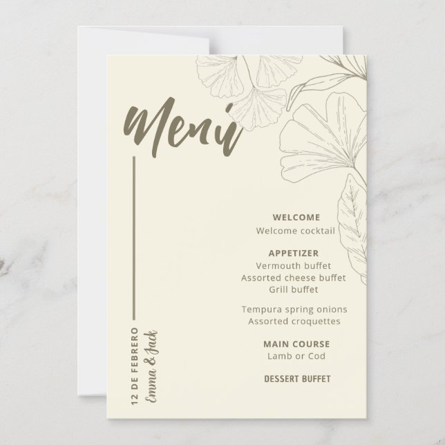 Minimalist Botanical Wedding Menu Card Magnetisk Inbjudningskort (Framsida)