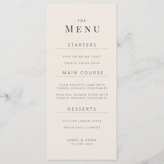 Minimalist Botanical Wedding Menu Soft Beige Meny (Framsida)