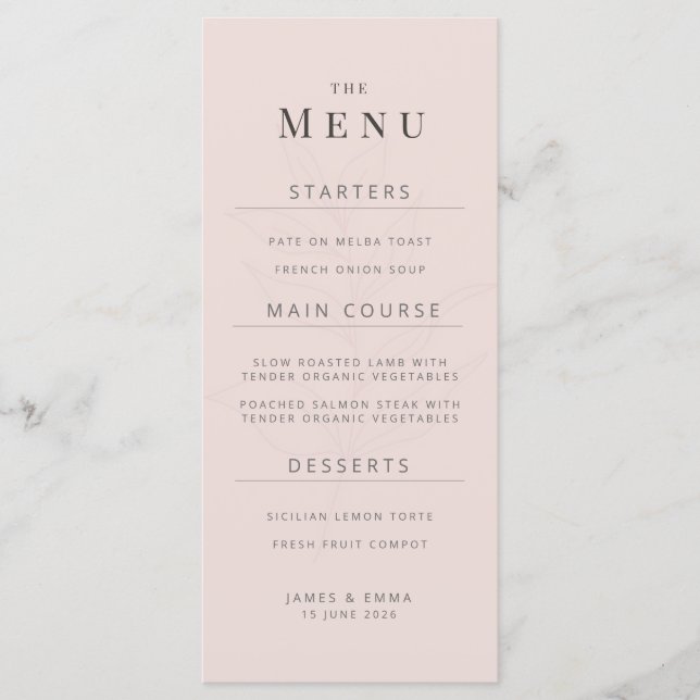 Minimalist Botanical Wedding Menu | Warm Blush Meny (Framsida)
