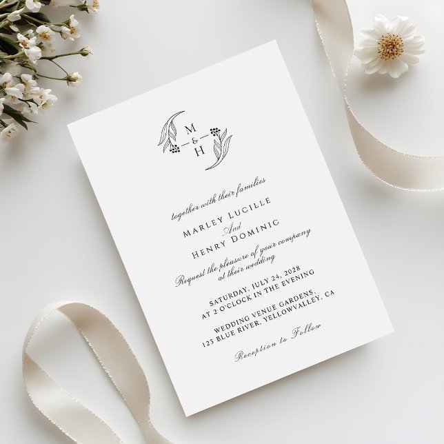 Minimalist botanical Wreath Monogram Wedding Inbjudningar (Skapare uppladdad)