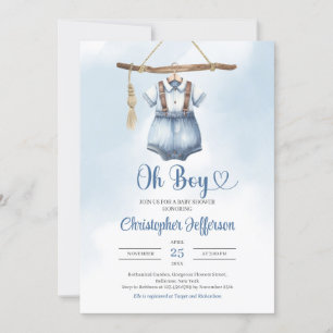 Minimalist Boy Blue Denim Clothes Baby Shower Inbjudningar