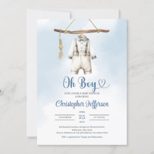 Minimalist Boy Blue och White Clothes Baby Shower Inbjudningar
