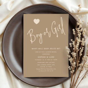 Minimalist Boy eller Girl Brown Gender Reveal Inbjudningar