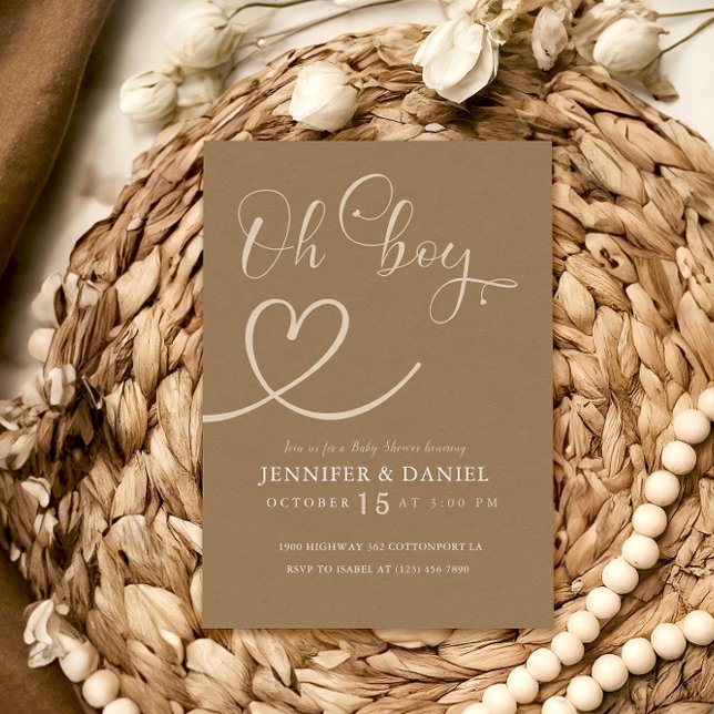 Minimalist Brown Tan Elegant Oh Boy Baby Shower Inbjudningar (Skapare uppladdad)