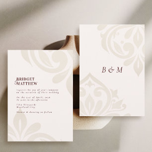 Minimalist Burgunder Kräm Klassisk Damask Bröllop Inbjudningar