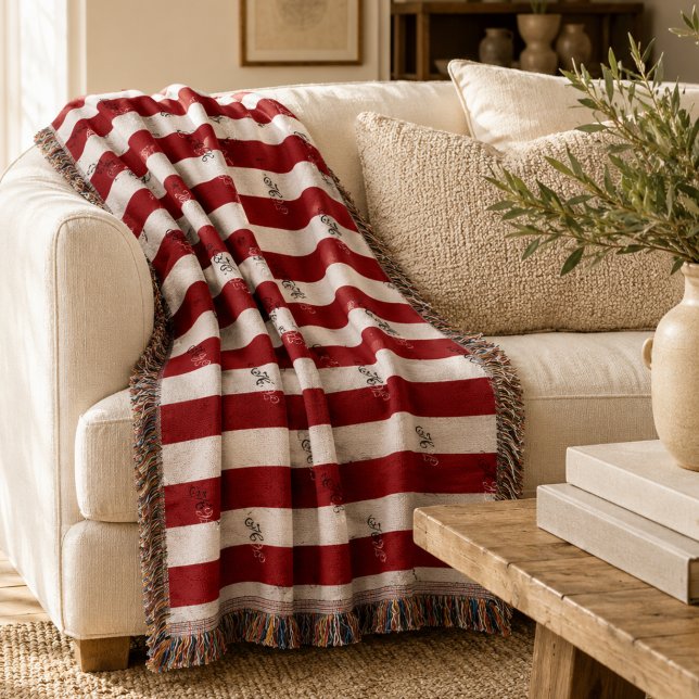 Minimalist Burgunderrandig Monogram Filt (Minimalist Burgundy Striped Monogram Throw Blanket)