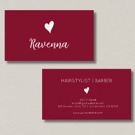 Minimalist Burgundy and White Heart Barber Name Visitkort