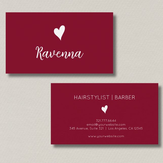 Minimalist Burgundy and White Heart Barber Name Visitkort (Skapare uppladdad)