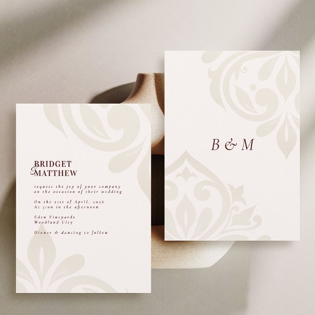 Minimalist Burgundy Cream Classic Damask Wedding Inbjudningar (Skapare uppladdad)