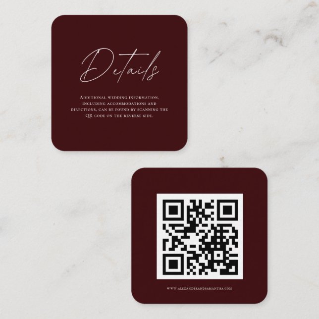 Minimalist Burgundy Wedding Details Card Tilläggskort (Fram/baksida)