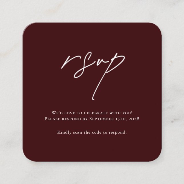 Minimalist Burgundy Wedding RSVP Card with QR Code Tilläggskort (Framsida)