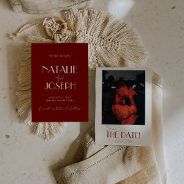 Minimalist Burgundy Whimsical Retro Photo Wedding Spara Datumet