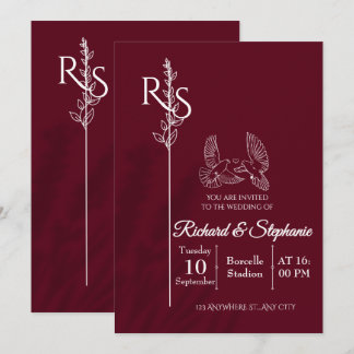 Minimalist Burgundy & White Birds Wedding Invite Inbjudningar