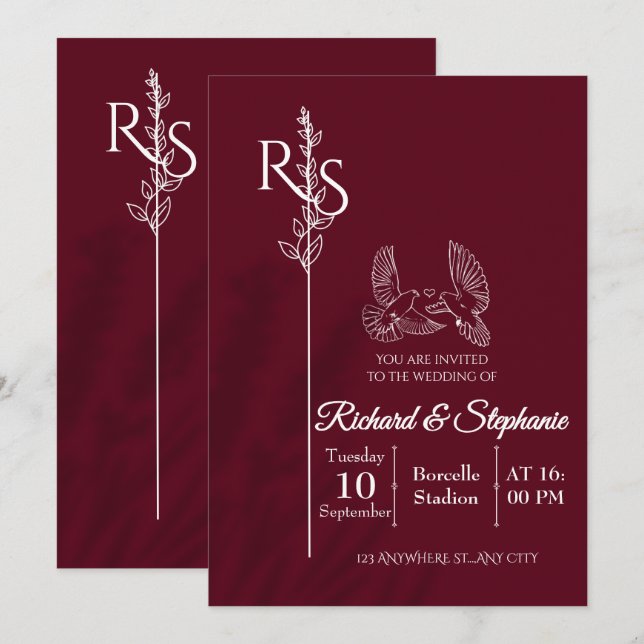 Minimalist Burgundy & White Birds Wedding Invite Inbjudningar (Fram/baksida)