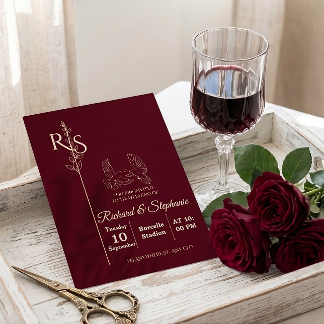 Minimalist Burgundy & White Birds Wedding Invite Inbjudningar (Skapare uppladdad)
