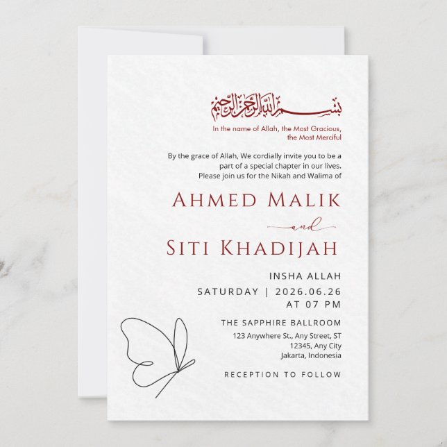 Minimalist Butterfly One Line Art Islamic Wedding Inbjudningar (Framsida)