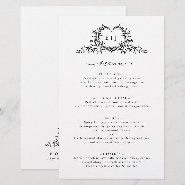Minimalist Calligraphy Crest monogram Wedding Menu (Fram/baksida)