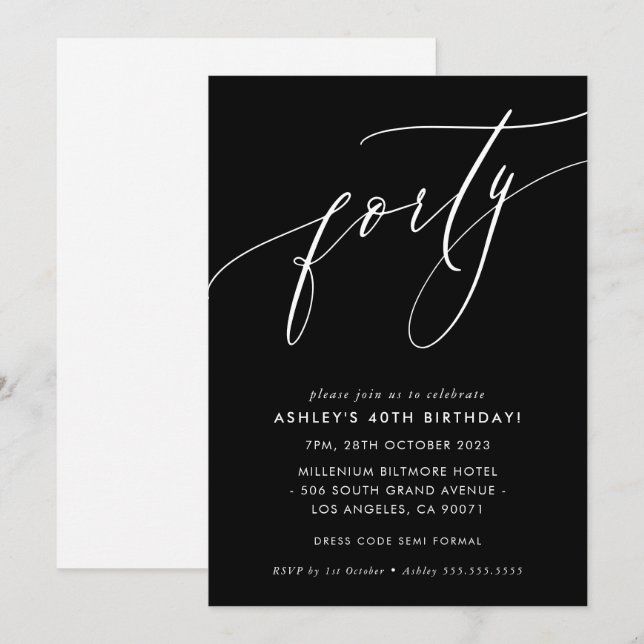 MINIMALIST Calligraphy elegant chic 40 födelsedaga Inbjudningar (Fram/baksida)