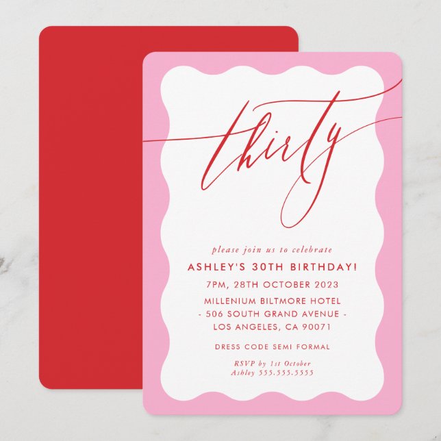 MINIMALIST Calligraphy wave 30th party pink red Inbjudningar (Fram/baksida)