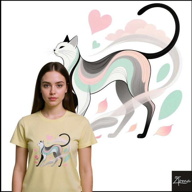 Minimalist Cat Pastel Rose Heart Sketch T Shirt (Skapare uppladdad)