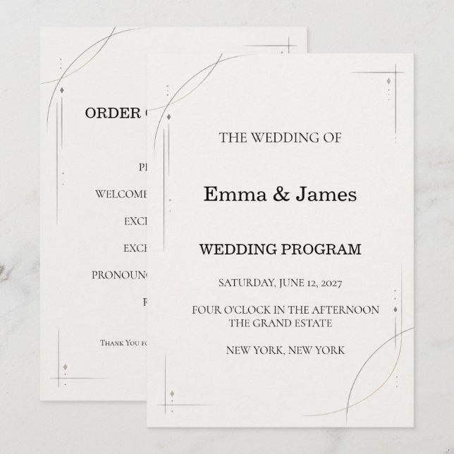 Minimalist Charcoal Line Wedding Ceremony Program (Fram/baksida)