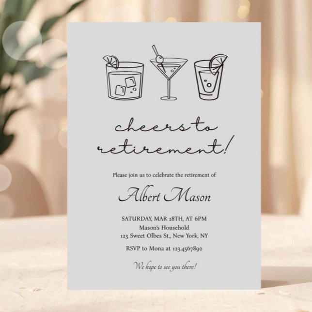 Minimalist Cheers to Retirement Cocktail Inbjudningar (retirement invitation, retirement party decor, farewell party invite, retirement celebration, funny )