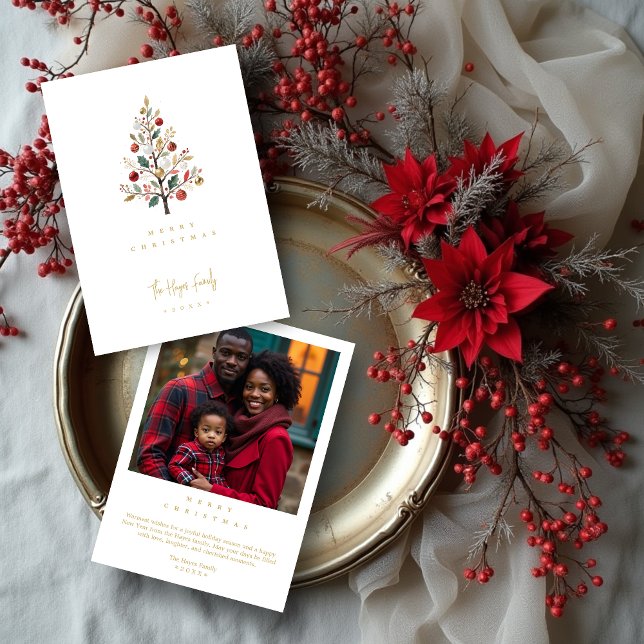 Minimalist Chic Winter Christmas Tree Julkort (Minimalist Chic Winter Christmas Tree with Back Photo Holiday Cards in Digital Watercolor Style. )