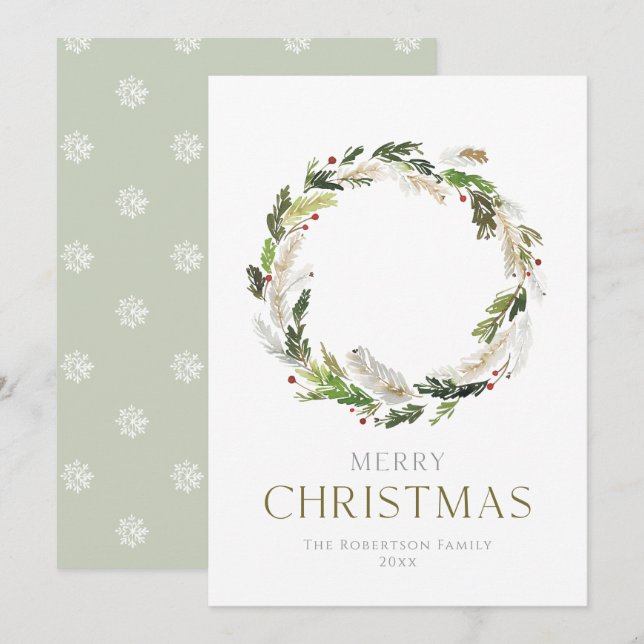 Minimalist Christmas Card with Greenery Wreath Julkort (Fram/baksida)