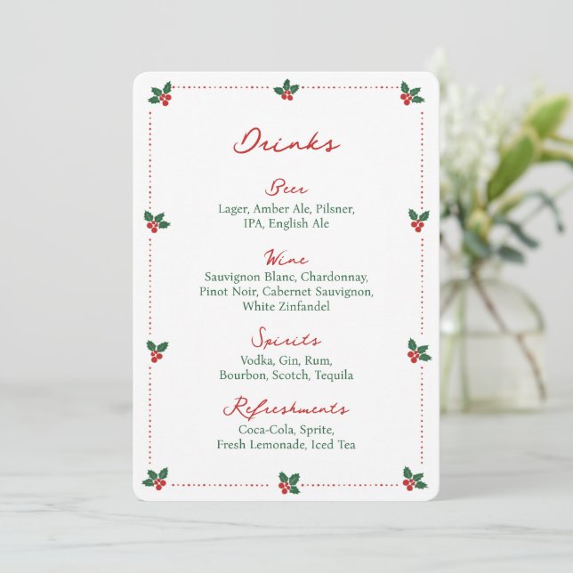 Minimalist Christmas Holly Drink Bar Menu Sign  (Stående Fram)