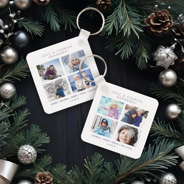 Minimalist Cute 8 Photos Collage Family Keepsake Nyckelring (Minimalist Cute 8 Photos Collage Keepsake for Family: Mom, Nanna, dad... Keychain.)