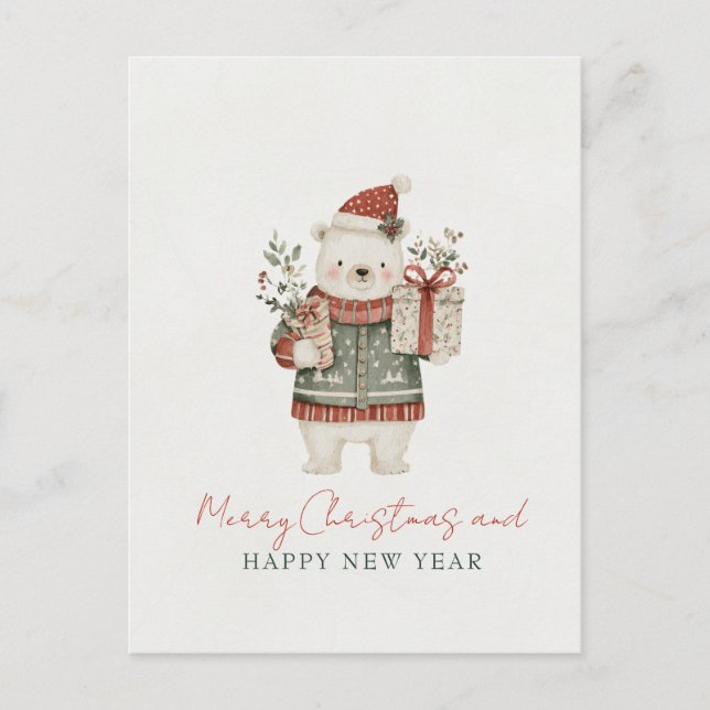 Minimalist Cute Polar Bear Christmas Vykort (Framsida)