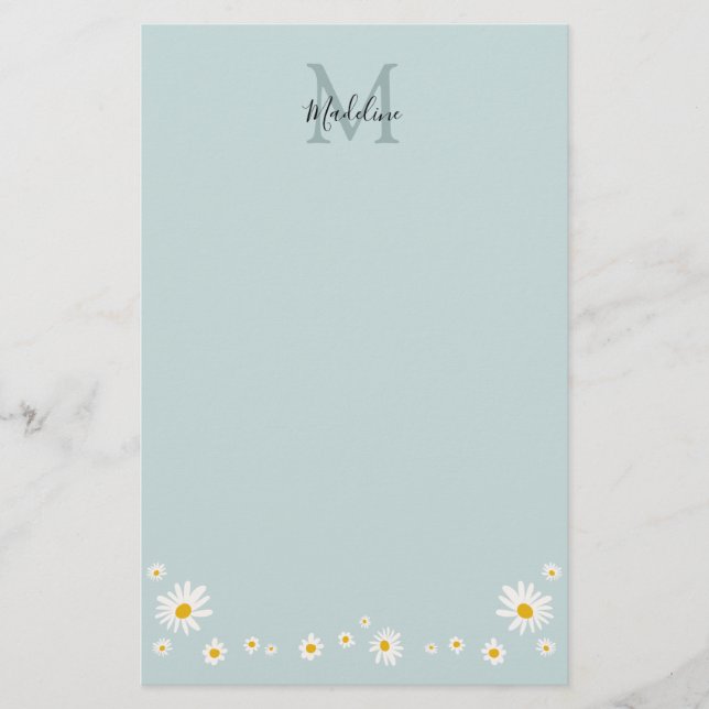 Minimalist Daisy Teal Script Monogram Brevpapper (Framsida)