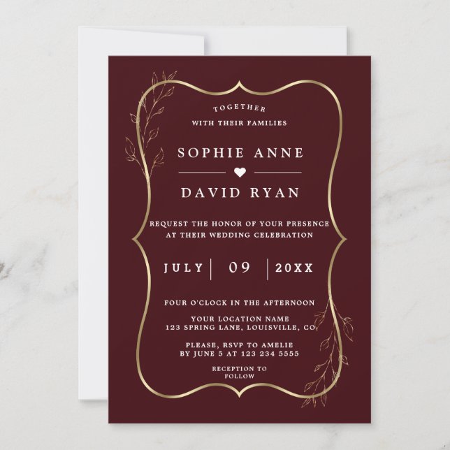 Minimalist Deep Burgundy Gold Line Art Wedding  Inbjudningar (Framsida)
