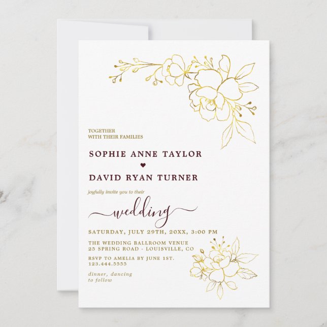 Minimalist Deep Burgundy Gold Simple Wedding Inbjudningar (Framsida)