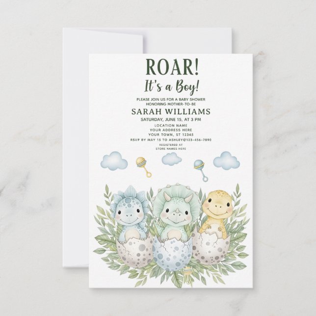 minimalist Dinosaur Baby Shower party boy Roar Inbjudningar (Framsida)
