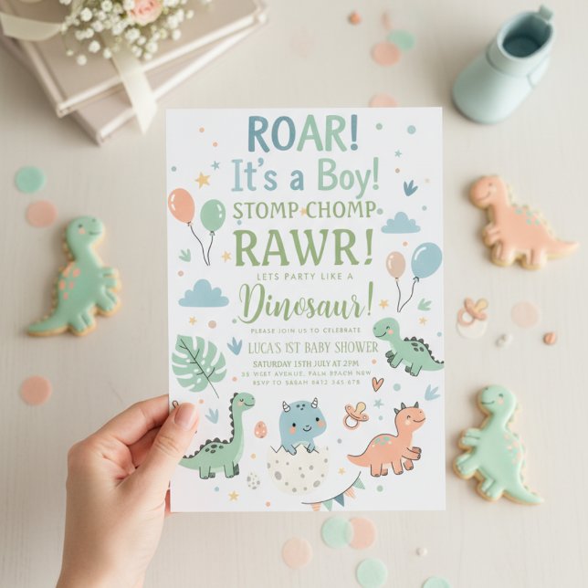 minimalist Dinosaur Baby Shower party boy Roar Inbjudningar (Skapare uppladdad)