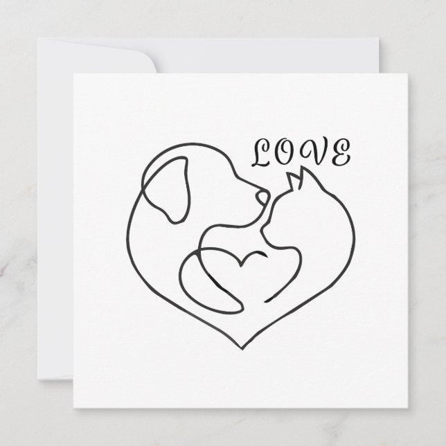 Minimalist Dog and Cat Heart - One Line Art Design Kort (Framsida)