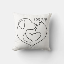 Minimalist Dog and Cat Heart - One Line Art Design Kudde